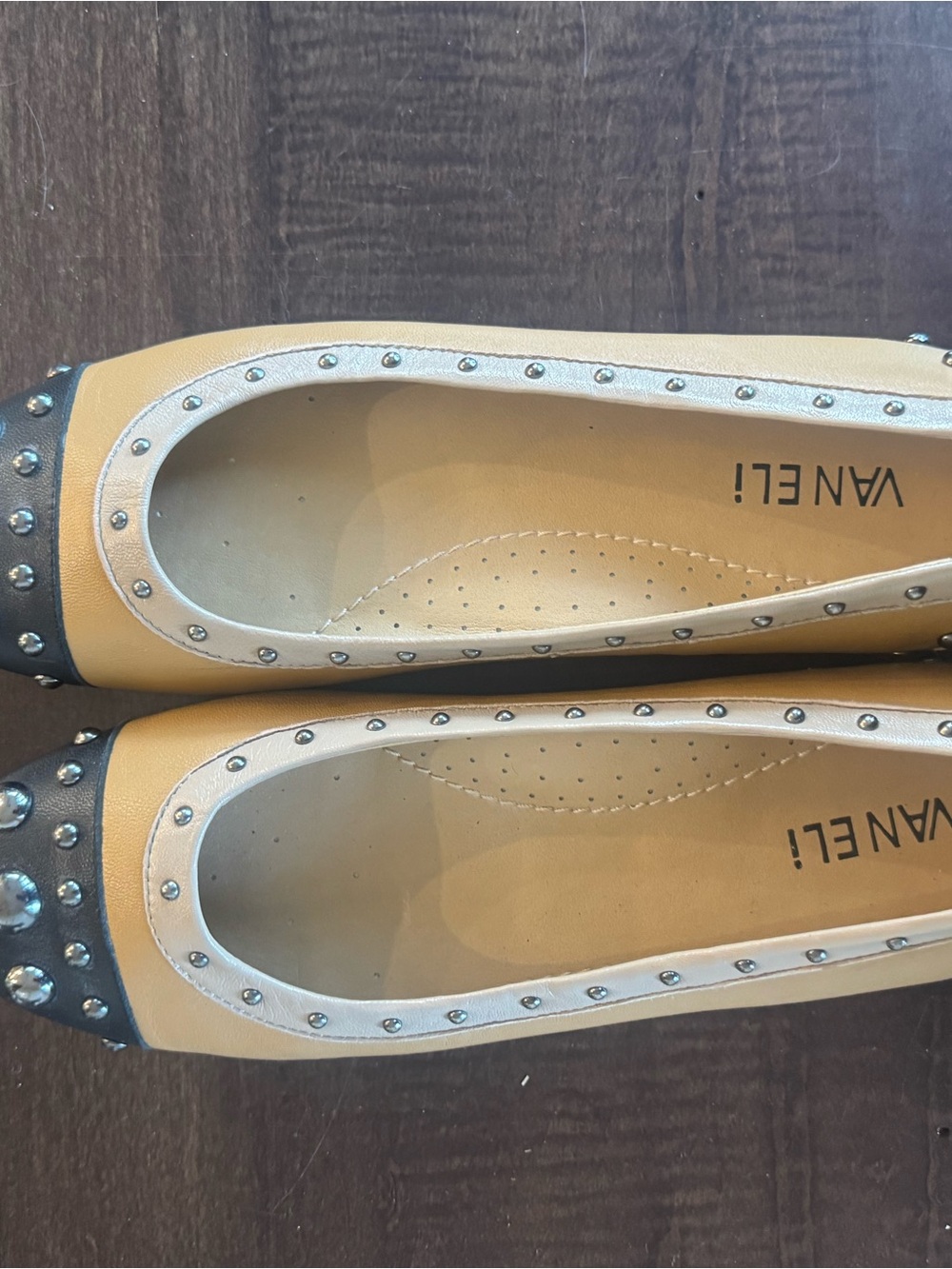 Vaneli Two-Tone Studded Ballet Flats in Mustard and Black